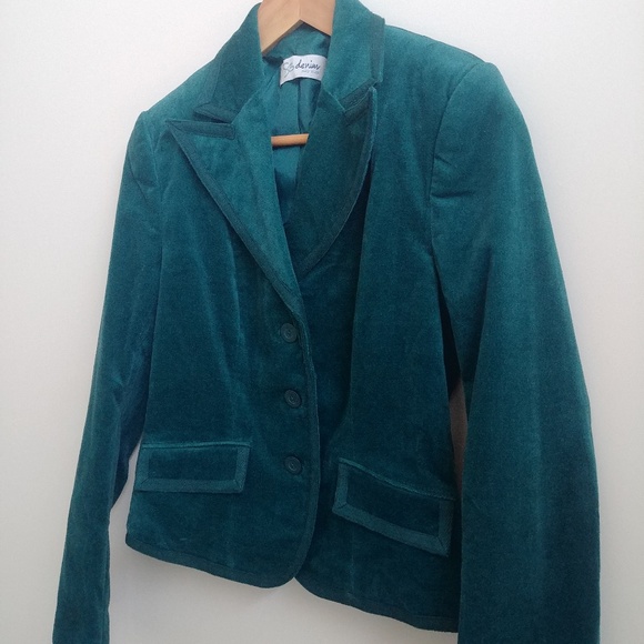 Y2K cotton velvet teal blue blazer jacket sharp lapels XS - Picture 2 of 12